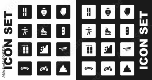 Set Boxing glove, Skates, Bungee jumping, Ski and sticks, Snowboard, Rugby ball, Hang glider and Aqualung icon. Vector