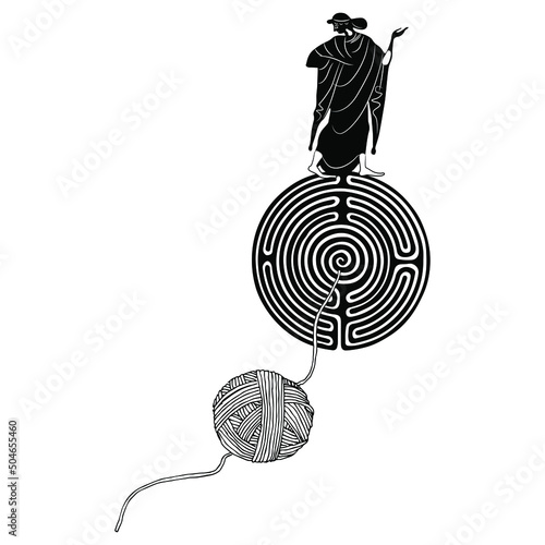 Ancient Greek woman standing on top of a round spiral maze or labyrinth symbol and a yarn ball. Ariadne thread. Black and white negative silhouette. Creative mythological concept. 