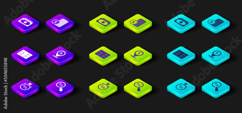 Set Stopwatch and percent, Magnifying glass with, Credit card chip, Cash location, Coin money dollar and Stacks paper cash icon. Vector