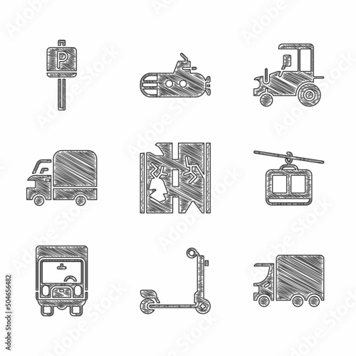 Set Broken road, Scooter, Delivery cargo truck, Cable, Tractor and Parking icon. Vector