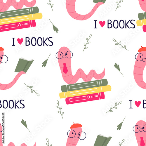 Bookworm.Hand-drawn educational seamless pattern bookworm and books.Drink coffee and read books .  Cartoon style