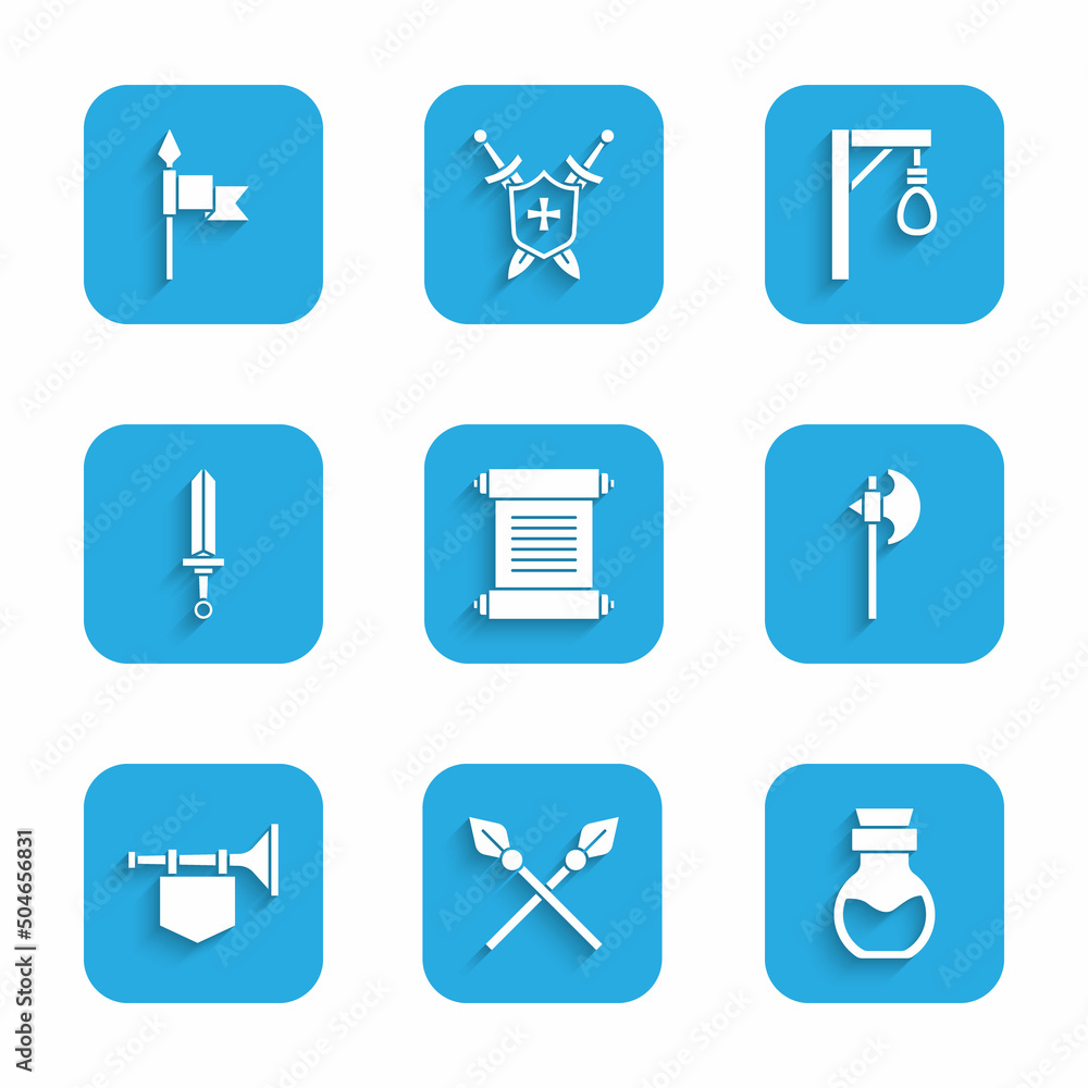 Set Decree, parchment, scroll, Crossed medieval spears, Poison in bottle, Medieval axe, Trumpet with flag, sword, Gallows and icon. Vector Set Decree, parchment, scroll, Crossed medieval spears, Poison in bottle, Medieval axe, Trumpet with flag, sword, Gallows and icon. Vector