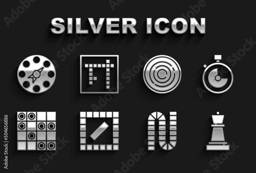 Set Board game, Stopwatch, Chess, of checkers, Checker chips, Twister and Bingo icon. Vector