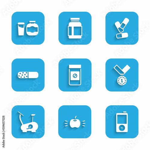 Set Anabolic drugs, Apple, Music player, Medal, Stationary bicycle, Vitamin pill, and Sports nutrition icon. Vector