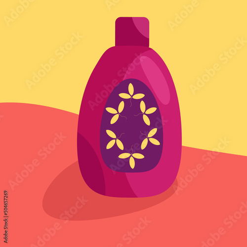 Bright red bottle with cosmetics on a yellow-orange background with a shadow