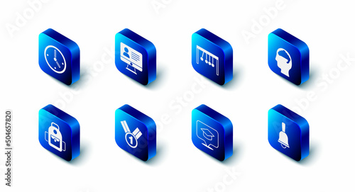 Set Online class, Pendulum, Human brain, Ringing bell, Graduation cap speech bubble, Medal, School backpack and Clock icon. Vector