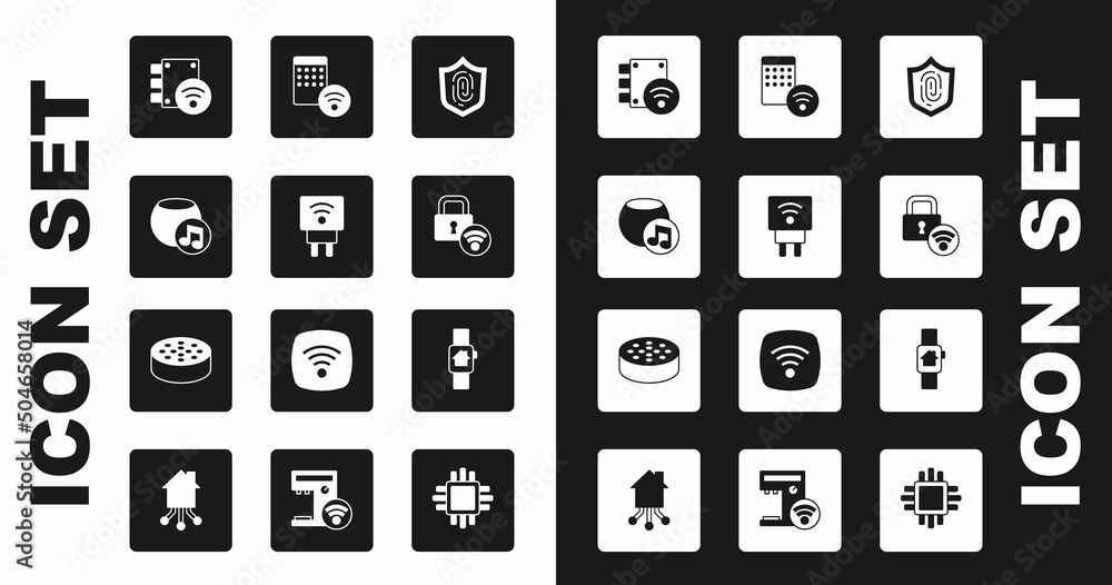 Set Fingerprint, Smart electric plug, Voice assistant, Digital door lock, Air humidifier, home with smart watch and Water sensor icon. Vector Set Fingerprint, Smart electric plug, Voice assistant, Digital door lock, Air humidifier, home with smart watch and Water sensor icon. Vector