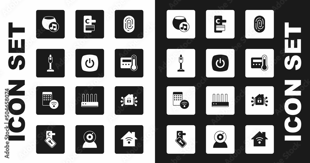 Set Fingerprint, Smart home, Vacuum cleaner, Voice assistant, Thermostat, Digital door lock, and Air humidifier icon. Vector Set Fingerprint, Smart home, Vacuum cleaner, Voice assistant, Thermostat, Digital door lock, and Air humidifier icon. Vector