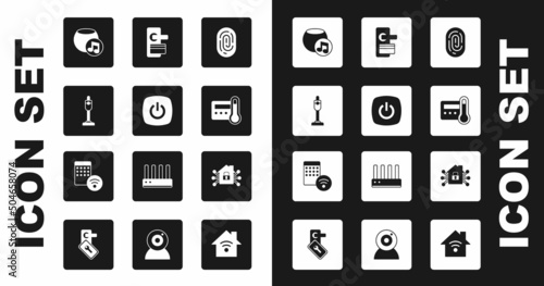 Set Fingerprint, Smart home, Vacuum cleaner, Voice assistant, Thermostat, Digital door lock, and Air humidifier icon. Vector