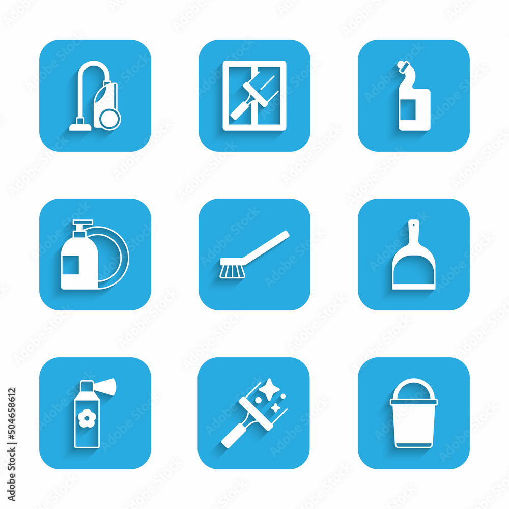 Set Brush for cleaning, Rubber cleaner windows, Bucket, Dustpan, Air freshener spray bottle, Dishwashing liquid, and Vacuum icon. Vector Set Brush for cleaning, Rubber cleaner windows, Bucket, Dustpan, Air freshener spray bottle, Dishwashing liquid, and Vacuum icon. Vector