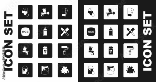 Set Color palette guide, Paint spray can, RGB, Car painting, brush, gun, roller and icon. Vector
