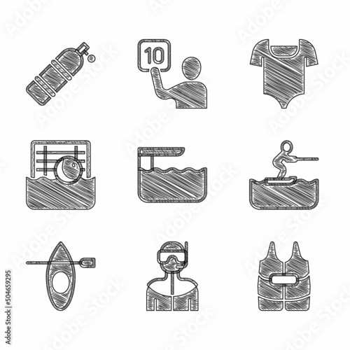 Set Diving board or springboard, Wetsuit for scuba diving, Life jacket, Water skiing man, Kayak and paddle, polo, Swimsuit and Aqualung icon. Vector