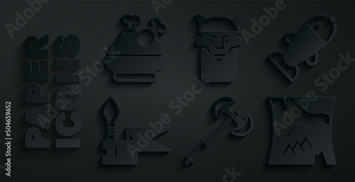 Set Medieval poleaxe, Fish, spear, Folded map, Viking head and Roasted turkey or chicken icon. Vector