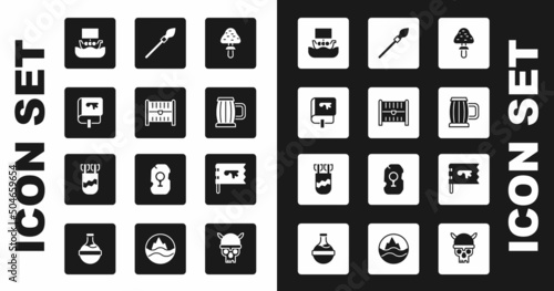 Set Mushroom, Antique treasure chest, Viking book, ship Drakkar, Wooden beer mug, Medieval spear, flag and Quiver with arrows icon. Vector