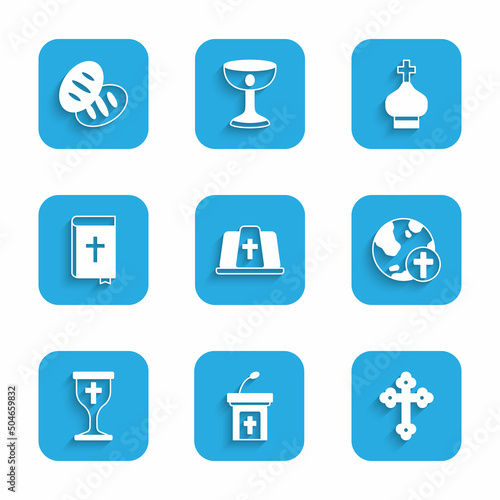 Set Pope hat, Church sermon tribune, Christian cross, with globe, chalice, Holy bible book, church tower and bread icon. Vector