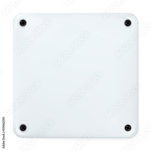 White square painted plate with black screws isolated on white. Style for graphic and web design template. Vector