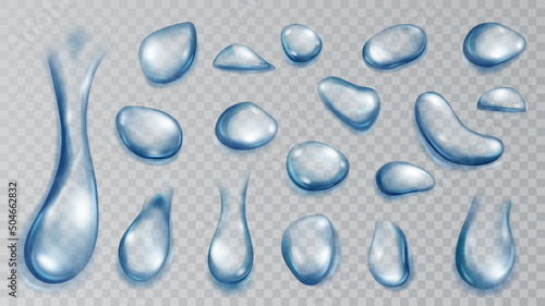 Foto Set of realistic translucent water drops in blue colors in various shape and size, isolated on transparent background