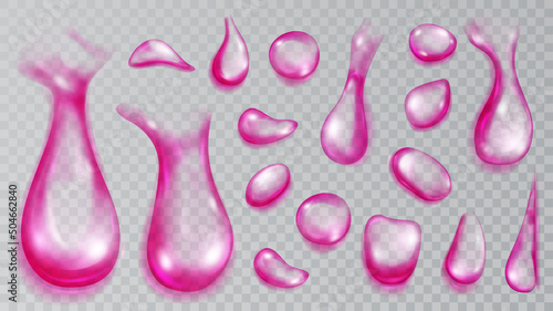 Set of realistic translucent water drops in purple colors in various shape and size, isolated on transparent background. Transparency only in vector format