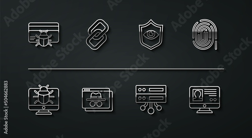Set line System bug in credit card, on monitor, Fingerprint, Server, Data, Web Hosting, Browser incognito window, Chain link, Create account screen and Shield and eye icon. Vector