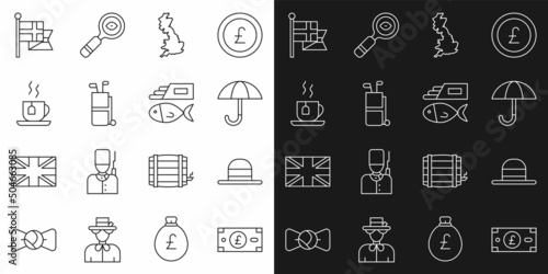 Set line Pound sterling money, Elegant women hat, Umbrella, England map, Golf bag with clubs, Cup of tea tea, flag flagpole and Fish chips icon. Vector