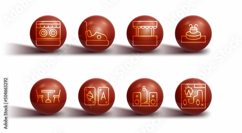 Set line Shooting gallery, Picnic table with chairs, Fountain, Home stereo two speakers, Tarot cards, Bumper, Amusement park map and Ticket box office icon. Vector