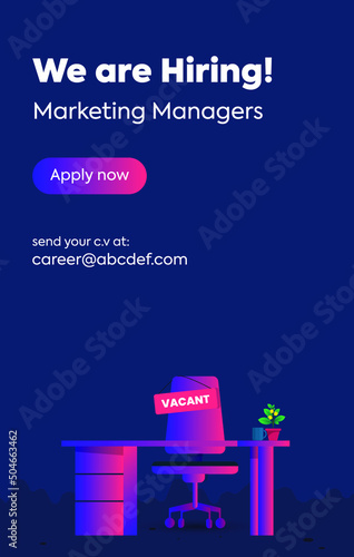 we are hiring. we are hiring marketing manager announcement banner. looking for marketing analyst story post in neon color. office chair and table with vacancy symbol. 