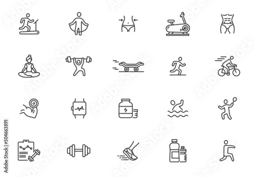 Health sport fitness line icon set. Workout healthy food energy training muscle personal plan icon set