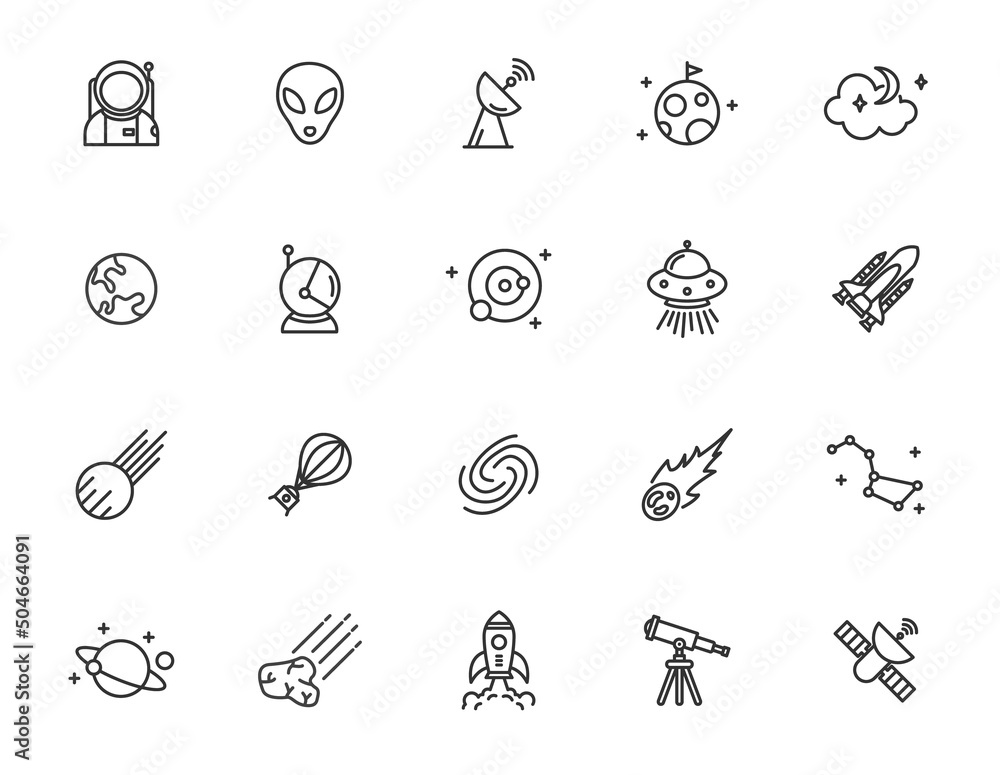Space rocket line icon. Spaceship planet satellite vector universe earth icon. Astronomy futuristic galaxy thin symbol set Space rocket line icon. Spaceship planet satellite vector universe earth icon. Astronomy futuristic galaxy thin symbol set