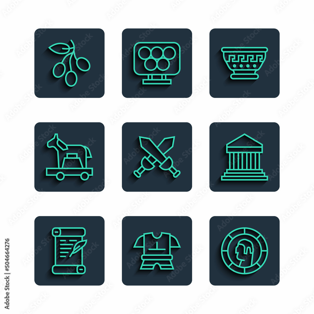 Set line Decree, parchment, scroll, Body armor, Ancient Greek coin, ancient bowl, Crossed medieval sword, Trojan horse, Olives branch and Parthenon icon. Vector Set line Decree, parchment, scroll, Body armor, Ancient Greek coin, ancient bowl, Crossed medieval sword, Trojan horse, Olives branch and Parthenon icon. Vector