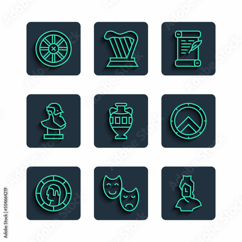 Set line Ancient Greek coin, Comedy and tragedy masks, bust sculpture, Decree, parchment, scroll, amphorae, Old wooden wheel and shield icon. Vector