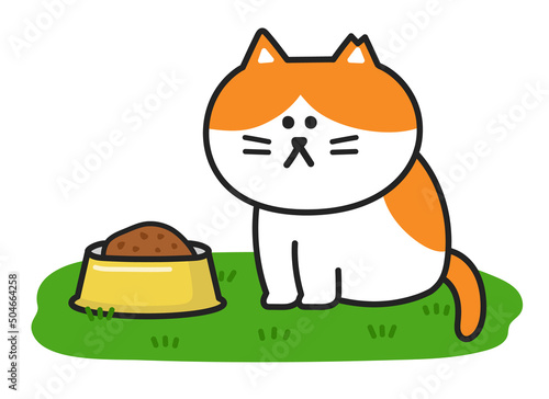 An orange stray cat and cat food on the bowl. Vector illustration of isolated on white background.