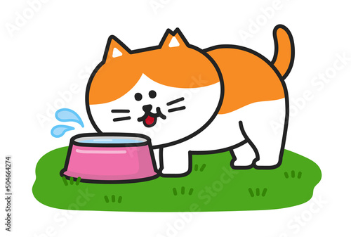 A stray cat is drinking water from a bowl in the field happily. Vector illustration isolated on white background.