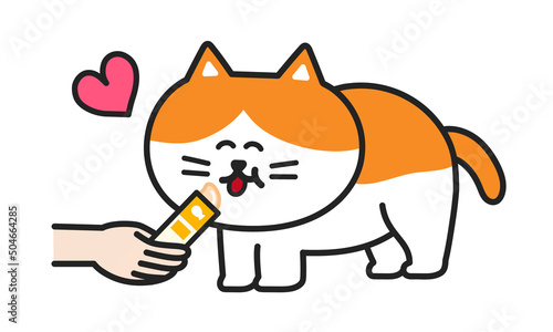 Happy cat having a delicious tube of pasty pet treat. Vector illustration isolated on white background.