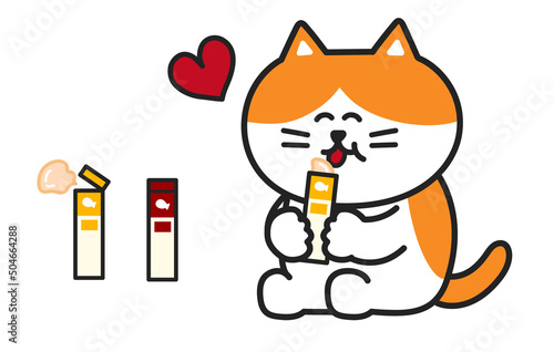 Happy cat having a delicious tube of pasty pet treat. Vector illustration isolated on white background.