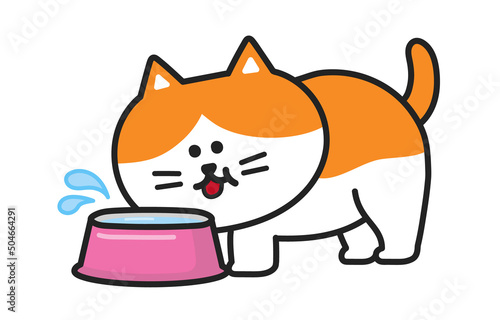 A cat is drinking water from a bowl happily. Vector illustration isolated on a white background.