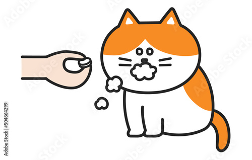 The cat dislikes a bitter pill to swallow. Vector illustration isolated on white background.