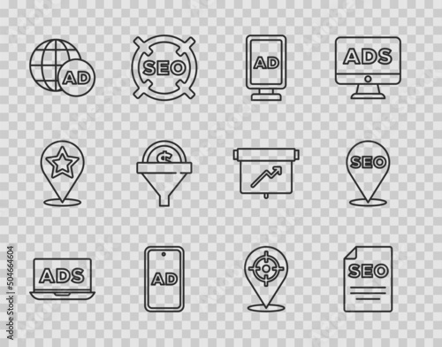 Set line Advertising, SEO optimization, Lead management, Target sport and icon. Vector