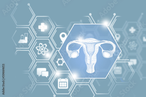 Graphic illustration of Uterus organ marked by hexagon molecule. Healthcare concept background with medical icons. photo