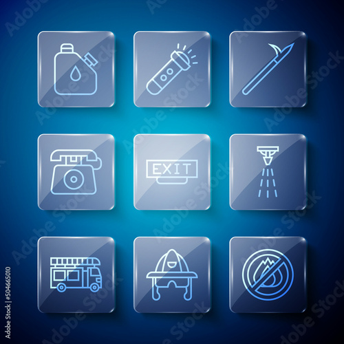 Set line Fire truck, Firefighter helmet, No fire, Metal pike pole, exit, Telephone call 911, Canister fuel and sprinkler icon. Vector