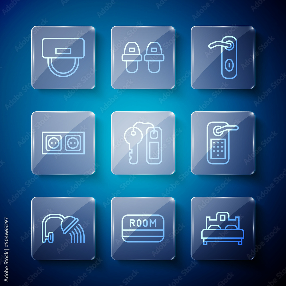 Set line Shower head, Hotel key card, Bedroom, Door handle, door lock, Electrical outlet, Bellboy hat and Digital icon. Vector Set line Shower head, Hotel key card, Bedroom, Door handle, door lock, Electrical outlet, Bellboy hat and Digital icon. Vector