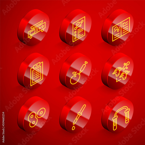 Set line Electronic scales, Clinical record, Genetically modified apple, Cloning, Cell division and Pipette icon. Vector