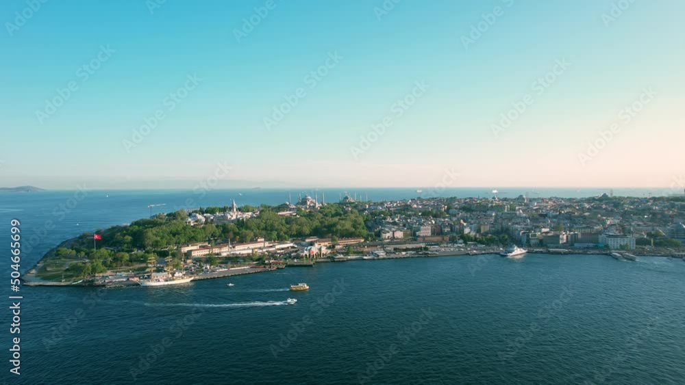 Aerial View panoramic Istanbul city. Historical peninsula. Topkapi Museum, Hagia Sophia and Sultanahmet Mosque Aerial View panoramic Istanbul city. Historical peninsula. Topkapi Museum, Hagia Sophia and Sultanahmet Mosque