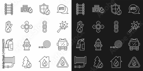 Set line Fire flame in triangle, truck, Firefighter axe, protection shield, No fire, escape and Climber rope icon. Vector