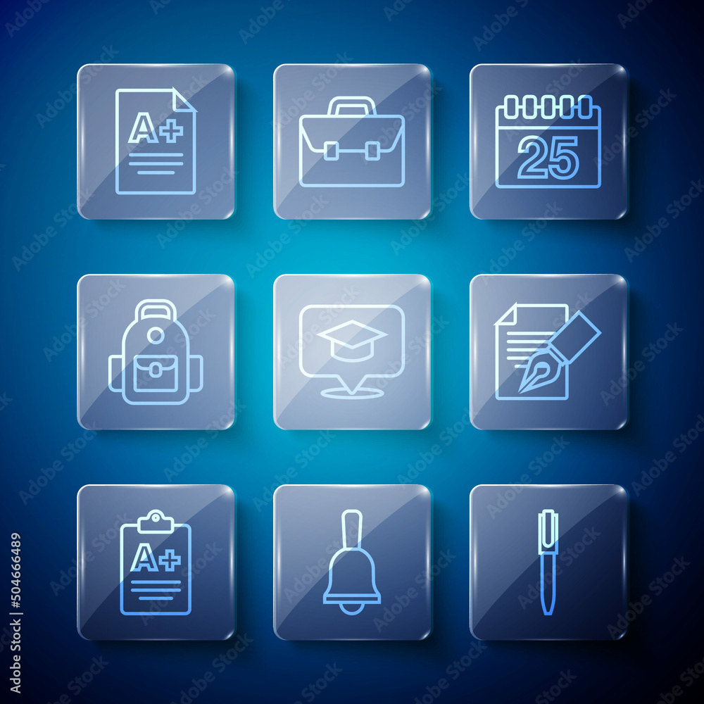 Set line Exam sheet with A plus grade, Ringing bell, Pen, Calendar, Graduation cap speech bubble, School backpack, and and pencil icon. Vector Set line Exam sheet with A plus grade, Ringing bell, Pen, Calendar, Graduation cap speech bubble, School backpack, and and pencil icon. Vector