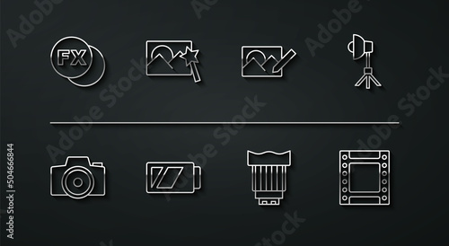 Set line Photo camera fx, Softbox light, Camera photo lens, Battery for, retouching, roll cartridge and icon. Vector