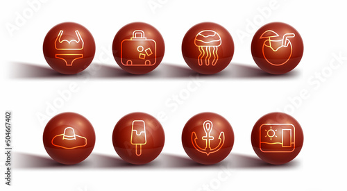 Set line Swimsuit, Elegant women hat, Coconut cocktail, Anchor, Ice cream, Suitcase, Travel postcard and Jellyfish icon. Vector