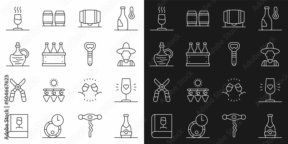 Set line Champagne bottle, Wine glass, Farmer the hat, Wooden barrel for wine, Bottles of box, italian fiasco, tasting, degustation and opener icon. Vector Set line Champagne bottle, Wine glass, Farmer the hat, Wooden barrel for wine, Bottles of box, italian fiasco, tasting, degustation and opener icon. Vector