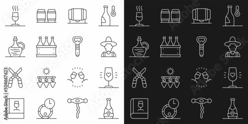 Set line Champagne bottle, Wine glass, Farmer the hat, Wooden barrel for wine, Bottles of box, italian fiasco, tasting, degustation and opener icon. Vector