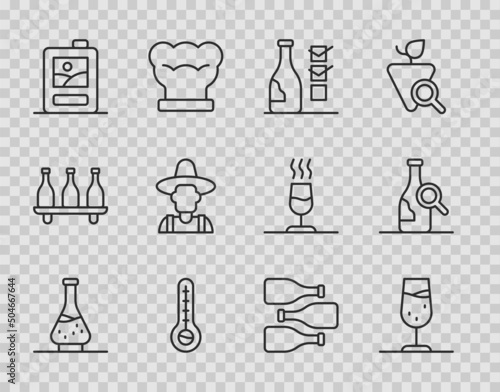 Set line Decanter for wine, Wine glass, Bottle of, Meteorology thermometer, Cardboard box, Farmer hat, Bottles and icon. Vector
