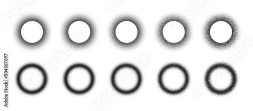 Different Variations Of Vector Handdrawn Dotwork Stipple Circles Abstract Shapes Set Isolated On White Background. Various Degree Black Noise Texture Dotted Round Frames Design Elements Collection